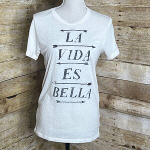 BILLABONG "LIFE IS BEAUTIFUL" FITTED"  FITTED CASUAL FRENCH GRAPHIC CREWNECK TEE
